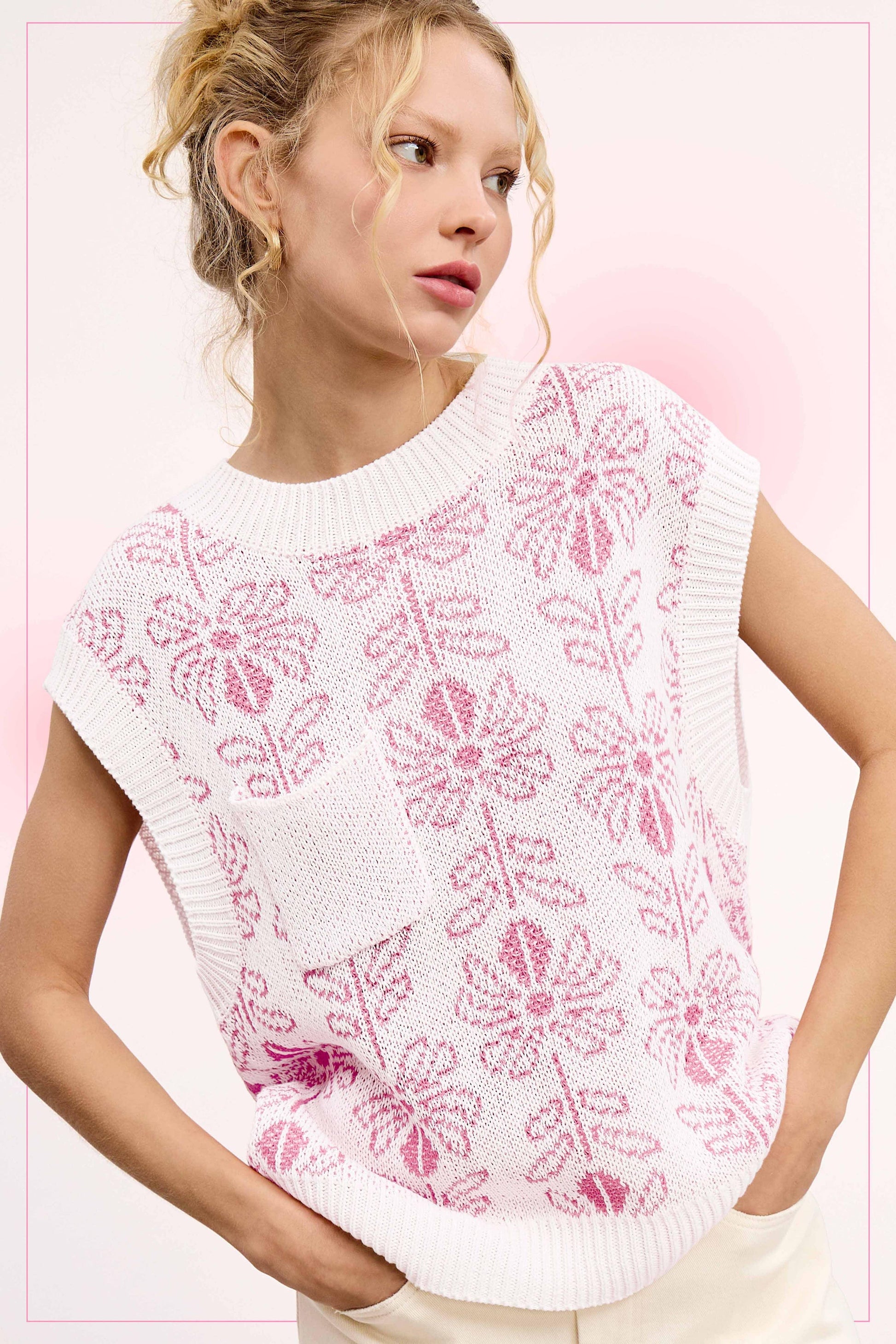 Floral Pattern Sleeveless Sweater Vest Top - Southern Sassy Boutique