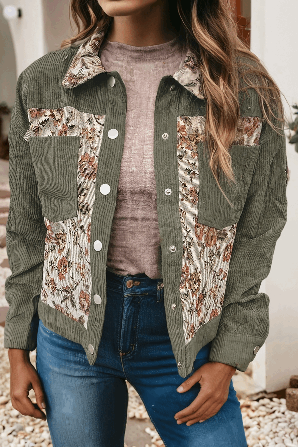 Ribbed Retro Floral Patchwork Shirt Style Jacket