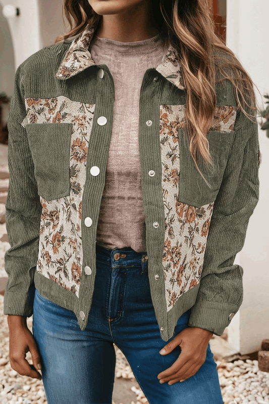 Ribbed Retro Floral Patchwork Shirt Style Jacket