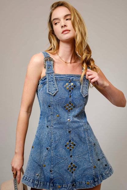 Studded Western Buckle Stretch Denim Dress - Southern Sassy Boutique