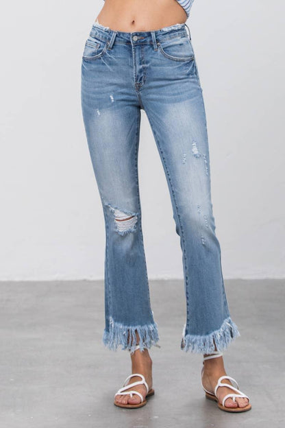 Mid Rise Long Bottom Frayed Crop Flare Jeans - Southern Sassy Boutique