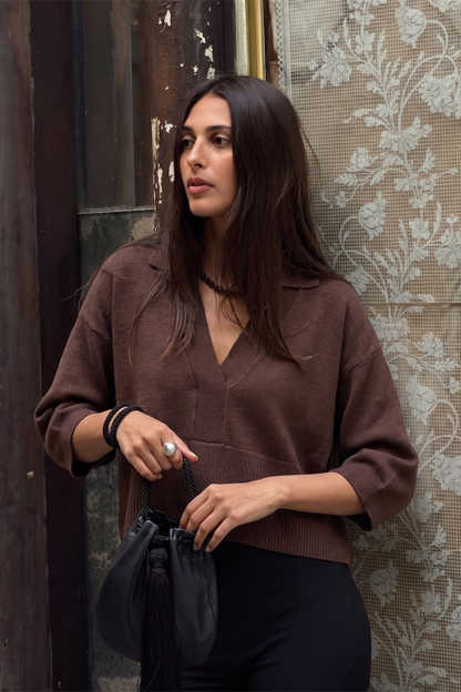 Collar V-Neck Dropped Shoulder Sweater