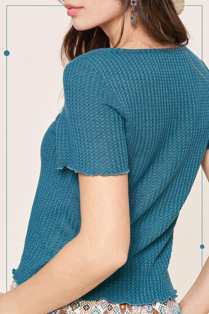 Stretchy Brushed Waffle Knit Short Sleeve Button Top - Southern Sassy Boutique