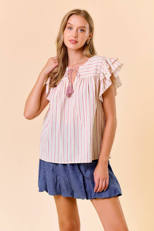 MULTI-COLORED STRIPE RUFFLE CAP SLEEVE PEASANT TOP