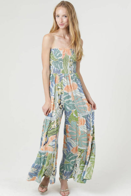 Smocked strapless wide-leg jumpsuit