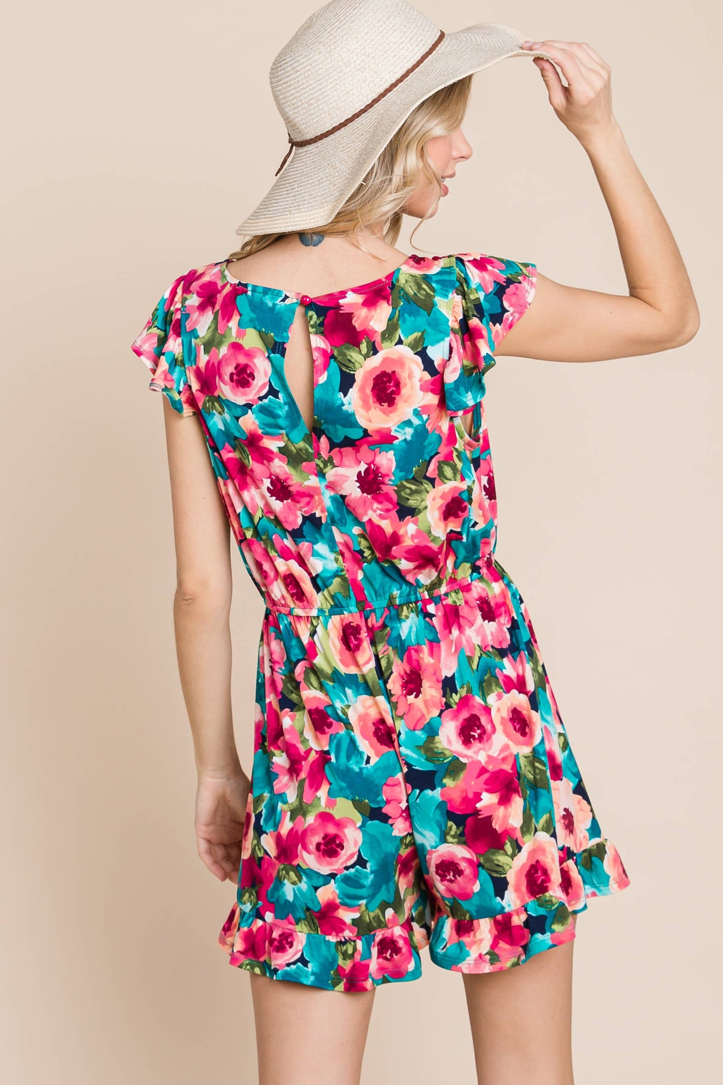 Curvy Floral Romper with Flutter Sleeves