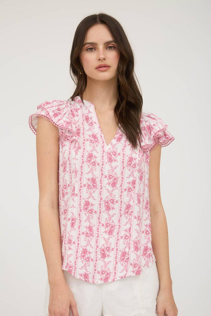 STRIPE FLORAL SPLIT NECK RUFFLE SLEEVE TOP - Southern Sassy Boutique