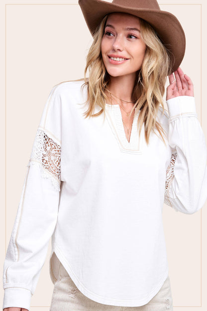 Embroidered Crochet V-neck Long Sleeve Top - Southern Sassy Boutique