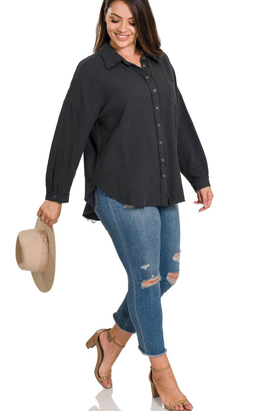 Plus Oversized Raw Edge Shirt SI-23811