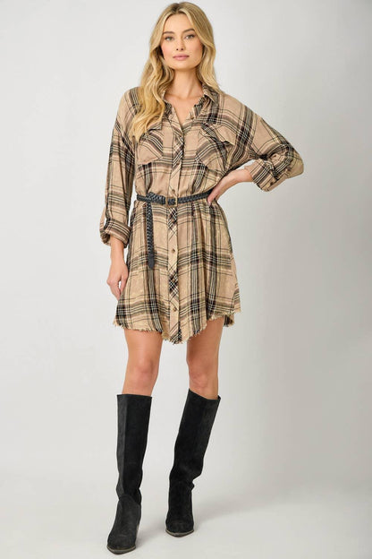 Washed Plaid Shirt Dress - Southern Sassy Boutique