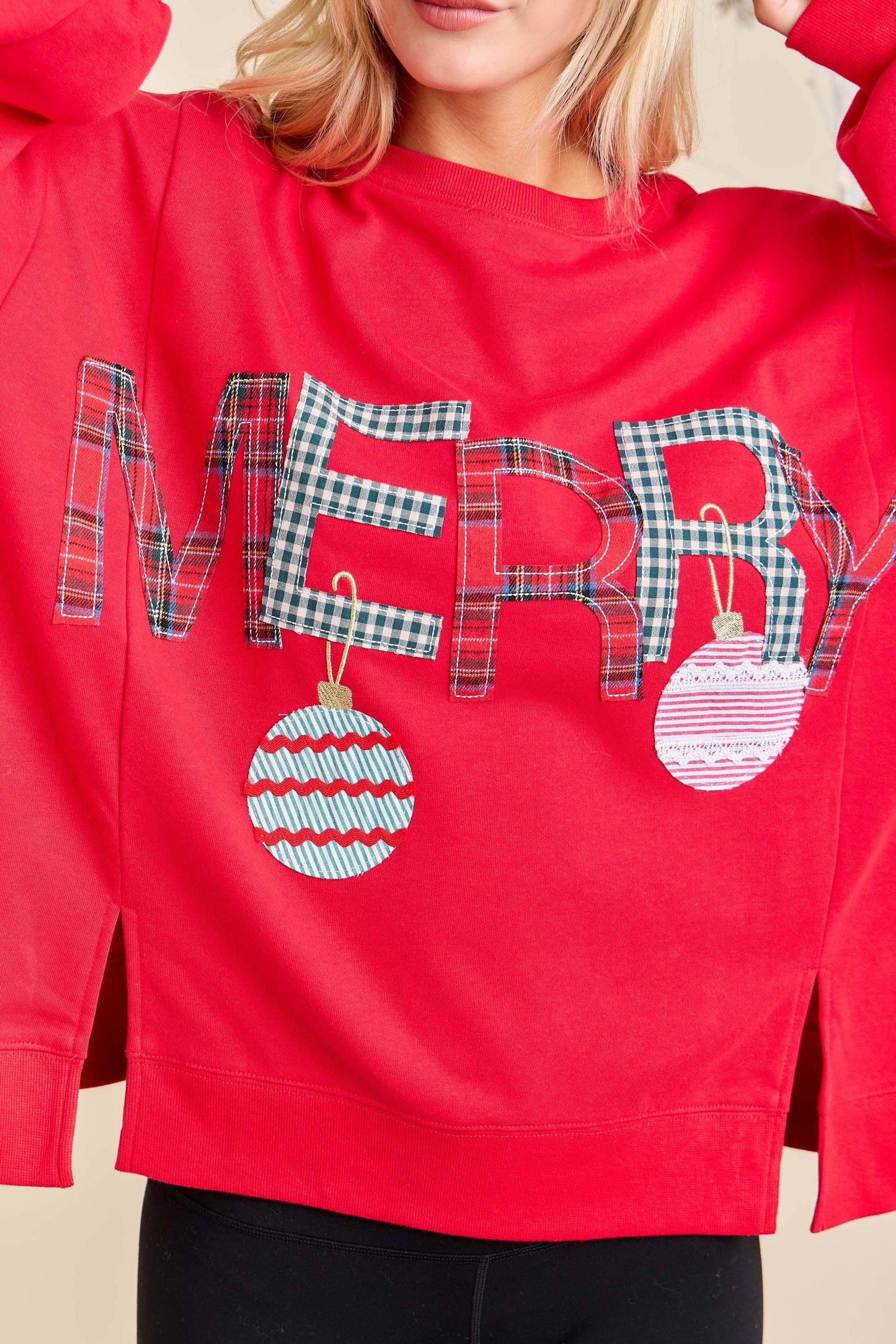Merry With Ornament Patchwork Oversized Long Sleeve Top - Southern Sassy Boutique