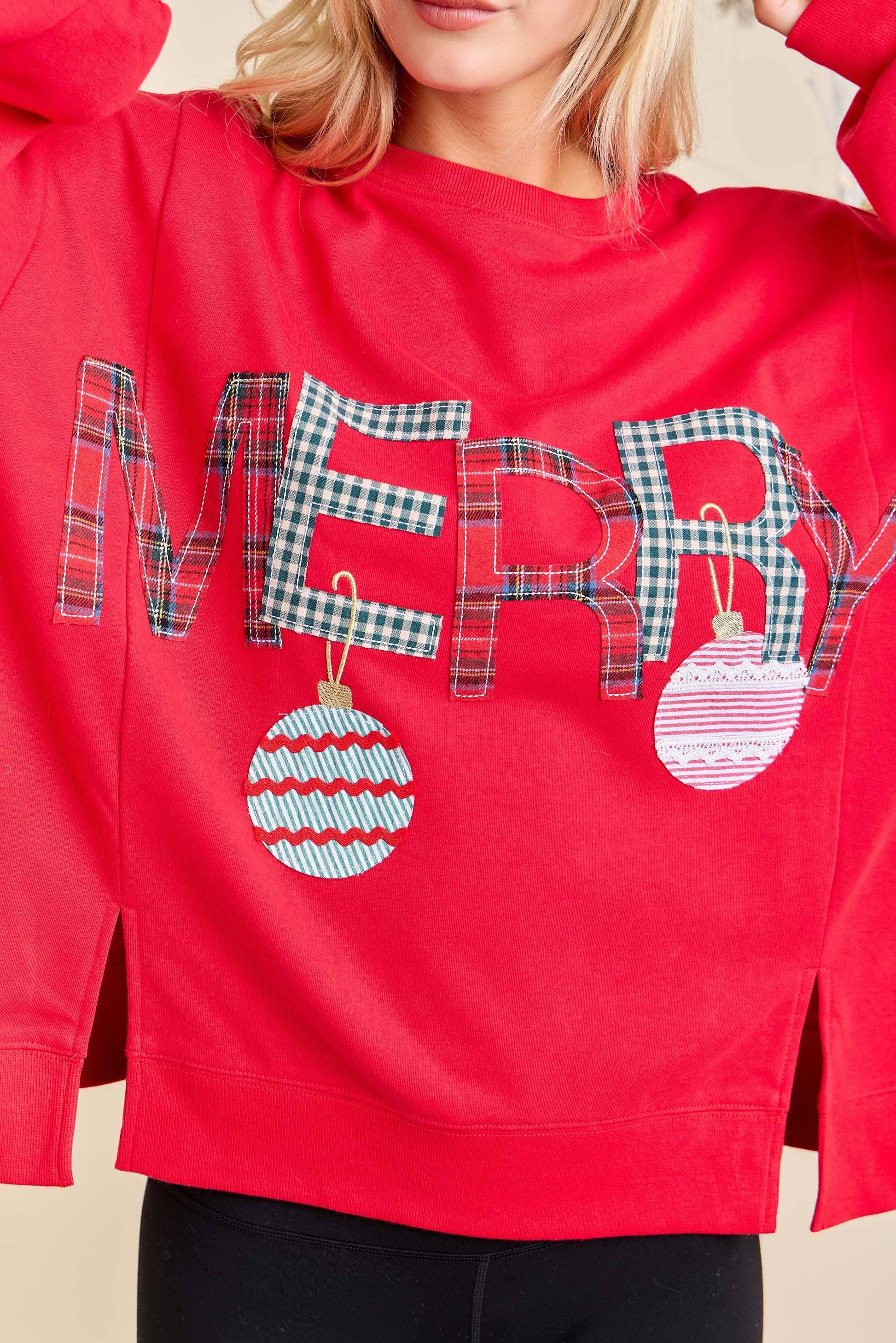 Merry With Ornament Patchwork Oversized Long Sleeve Top - Southern Sassy Boutique