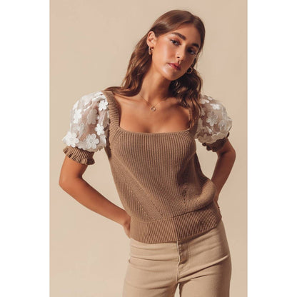 Floral Lace Puff Sleeve Square Neck Sweater