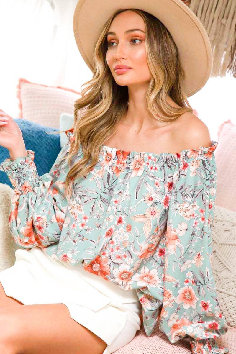 Off The Shoulder Floral Boho Ruffle Sleeve Blouse - Southern Sassy Boutique