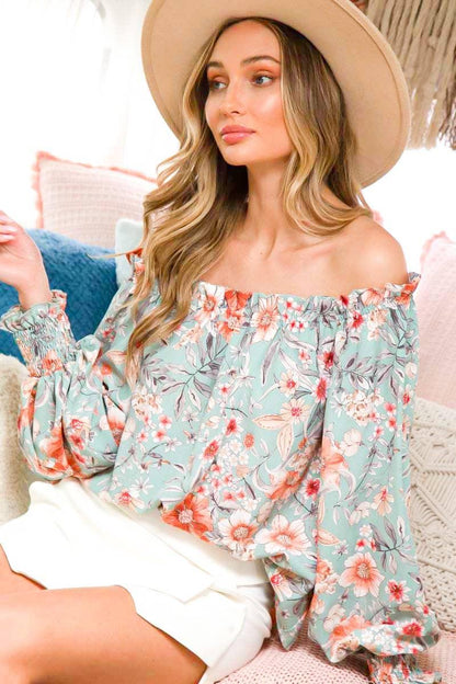 Off The Shoulder Floral Boho Ruffle Sleeve Blouse - Southern Sassy Boutique