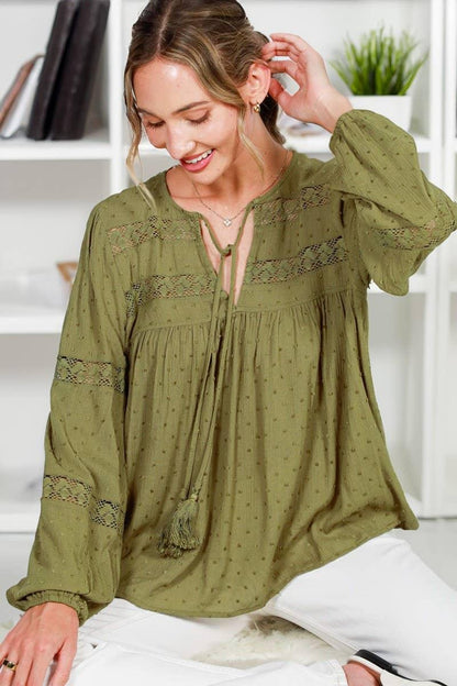 Lace Trim Swiss Dot Rayon Gauze Tassel Tie Neck Top VT82515- - Southern Sassy Boutique