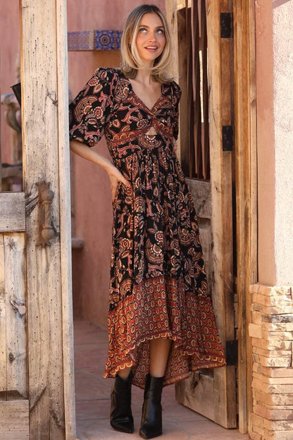 V NECK TWIST FRONT HALF SLEEVE MAXI DRESS W SLIT - Southern Sassy Boutique