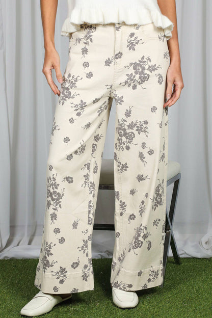 Floral Print Straight Leg Cotton Denim Span Pants