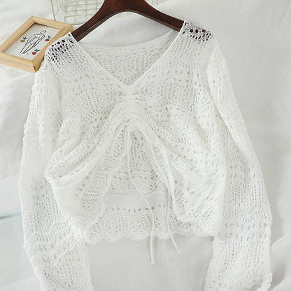 Hollow Knit Drawstring Pullover