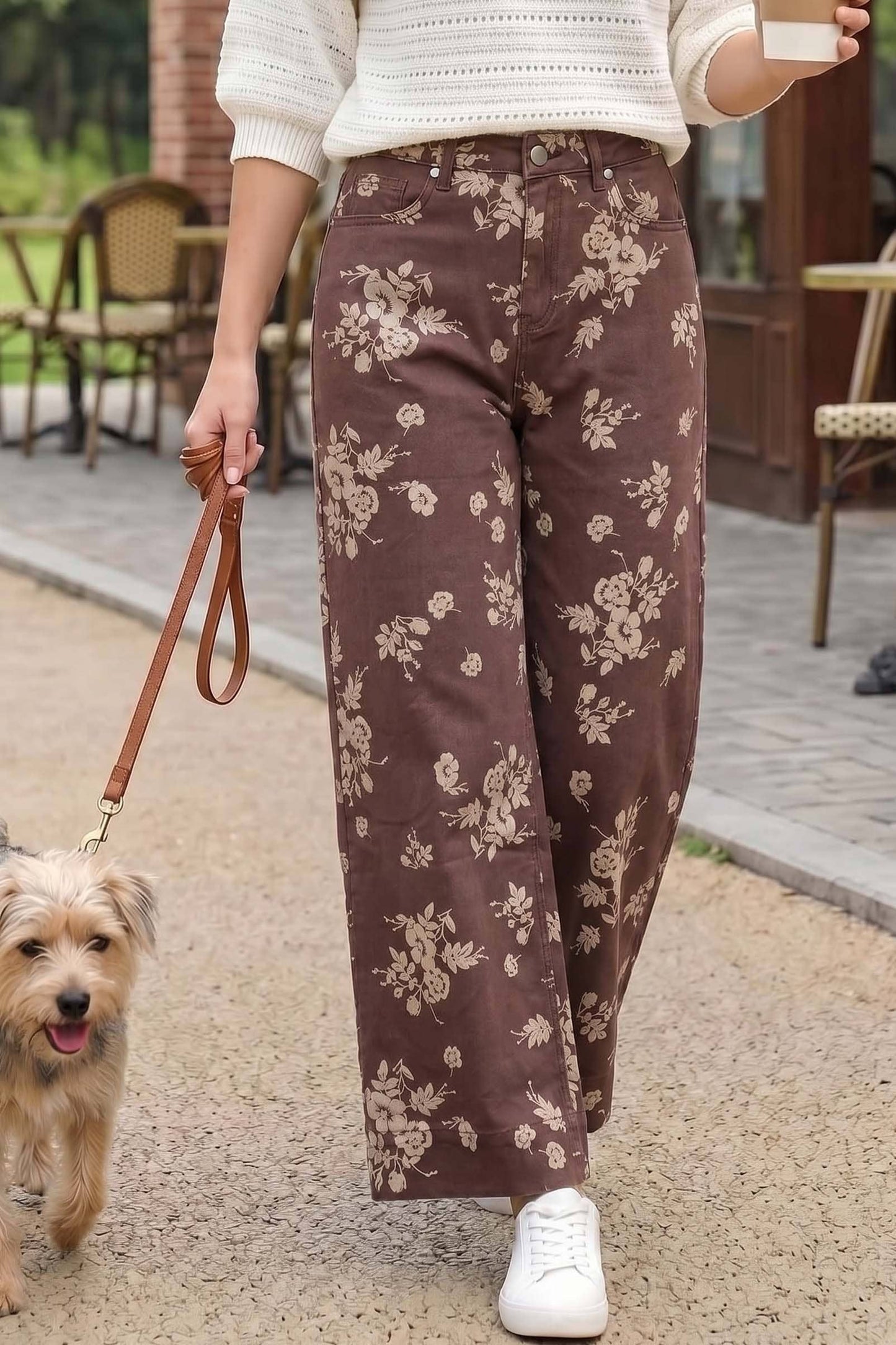 Floral Print Straight Leg Cotton Denim Span Pants