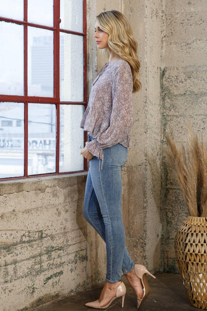 Chiffon Clip Dot Jacquard Peplum Tie Front Blouse - Southern Sassy Boutique