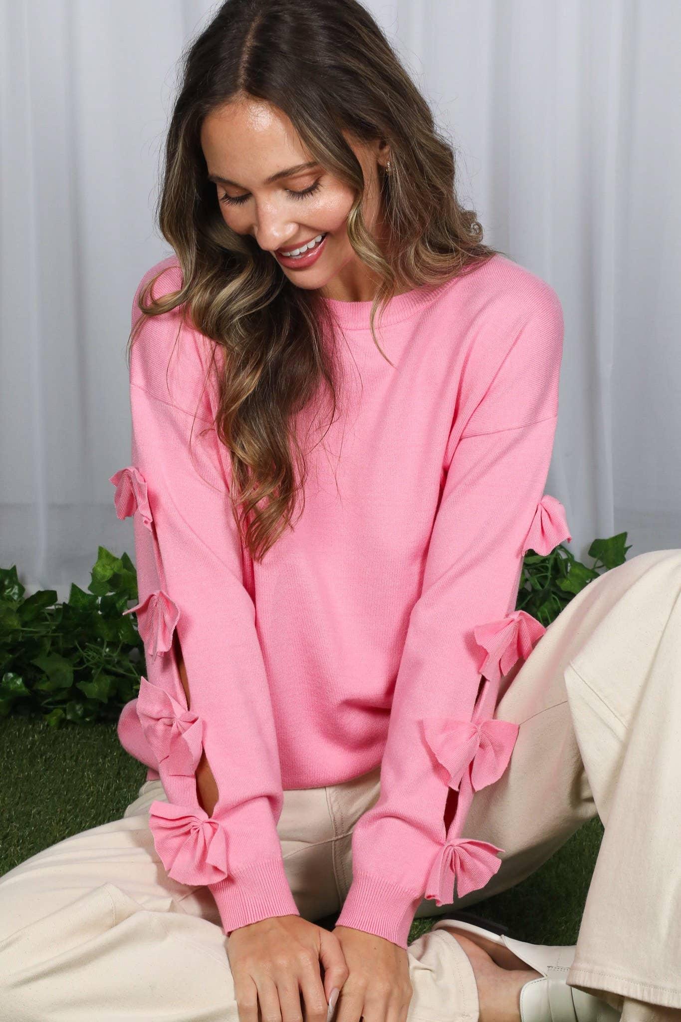Bow Embellished Long-Sleeve Crew Neck Knit Sweater VT82605- - Southern Sassy Boutique