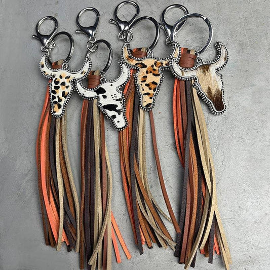 Western Tassel Animal Print Bull Head Keychain - Southern Sassy Boutique