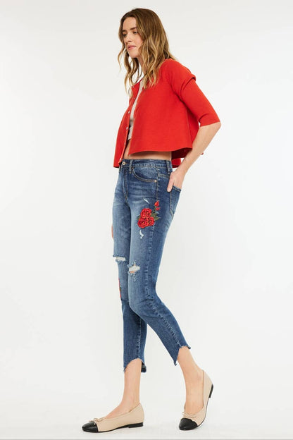 HIGH RISE ANKLE SKINNY WITH FLORAL EMBROIDERY - Southern Sassy Boutique
