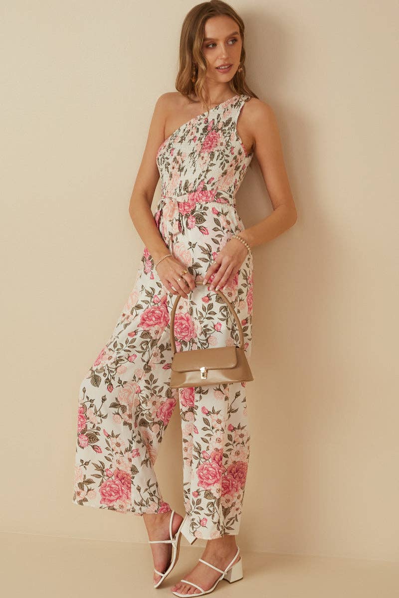 Romantic Floral Smocked One Shoulder Jumpsuit