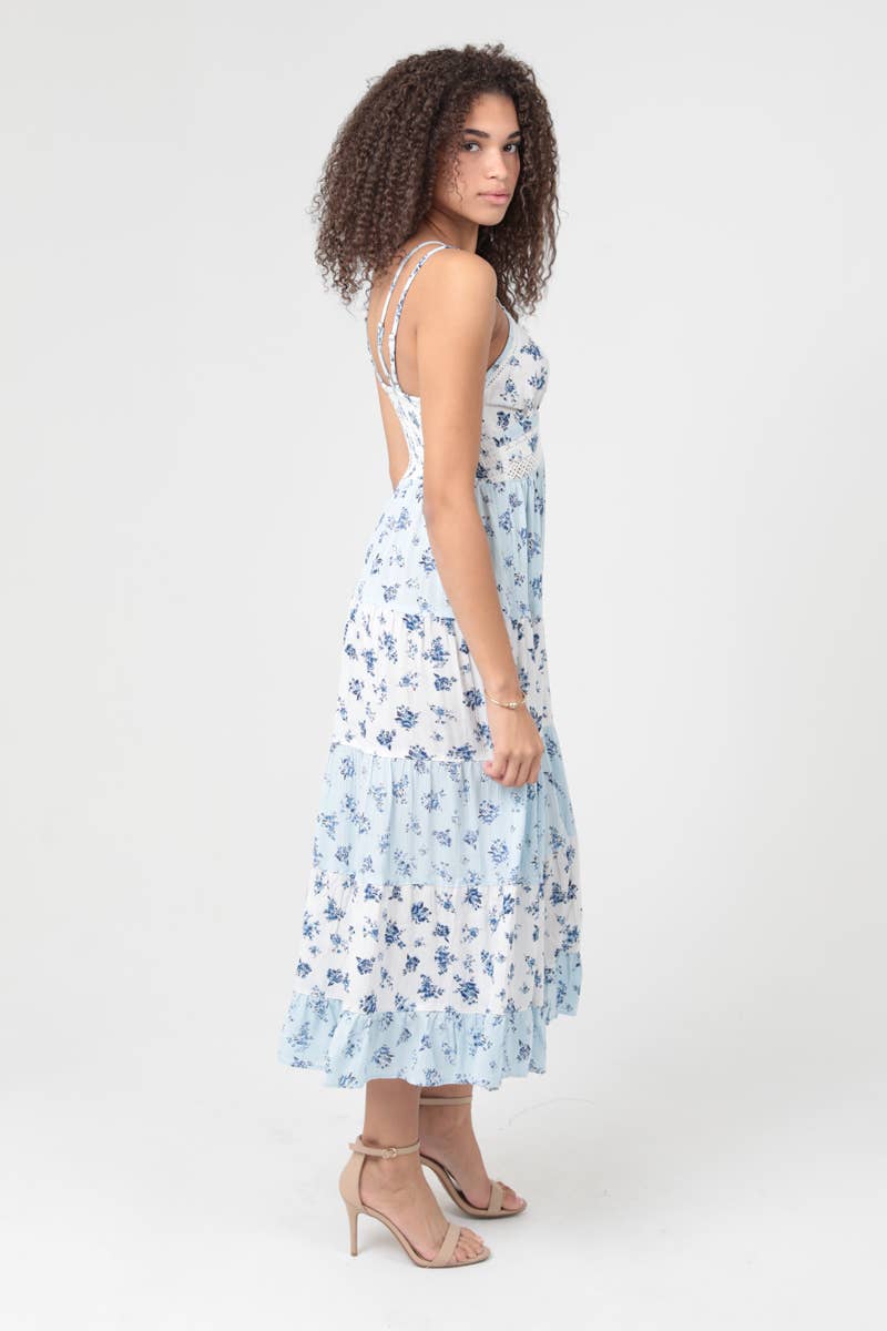Mixed Print Lace Trim Maxi Dress