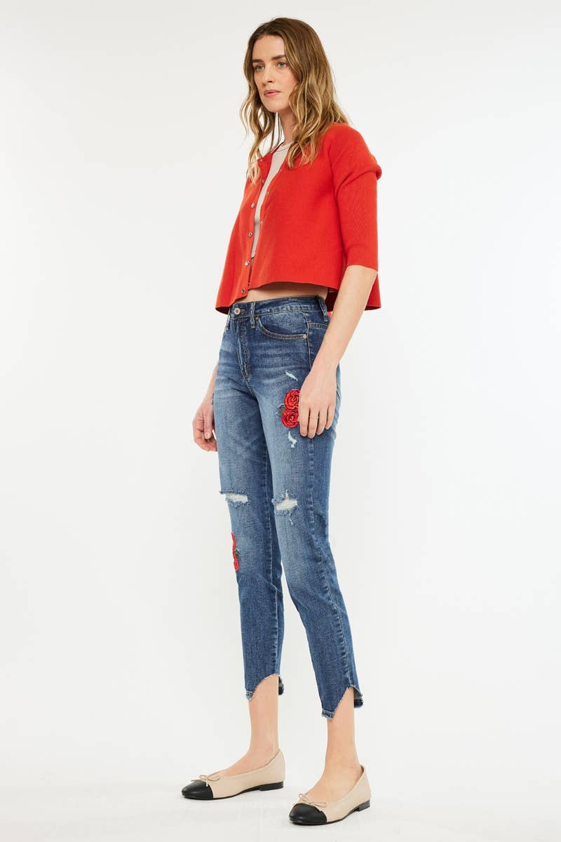 HIGH RISE ANKLE SKINNY WITH FLORAL EMBROIDERY - Southern Sassy Boutique