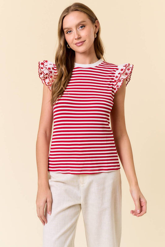LACE RUFFLE CAP SLEEVE STRIPED RIB TOP - 44895T