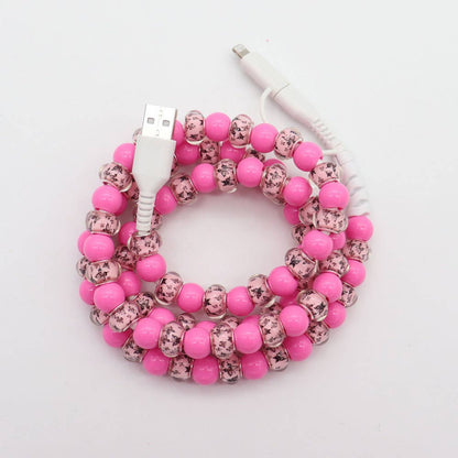 Pink heart & Floral & checker Beaded 2 in 1 Charging Cable