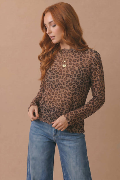High Neck Long Sleeve Leopard Mesh Top