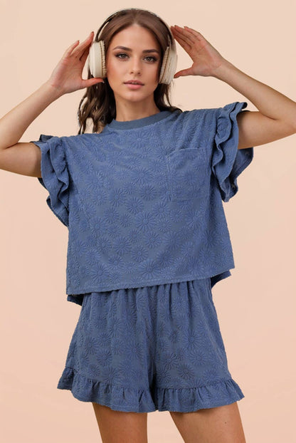 Curvy Floral Textured Knit Top & Shorts Set
