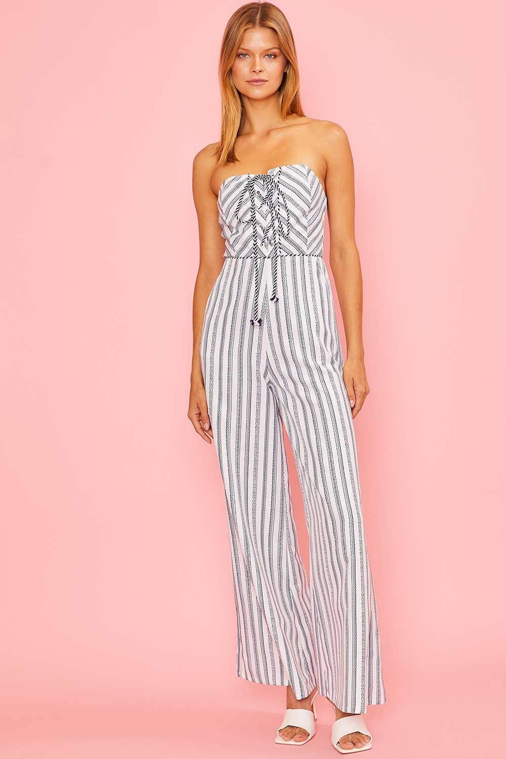 Strapless Front Cross Tie Stripe Jumpsuit