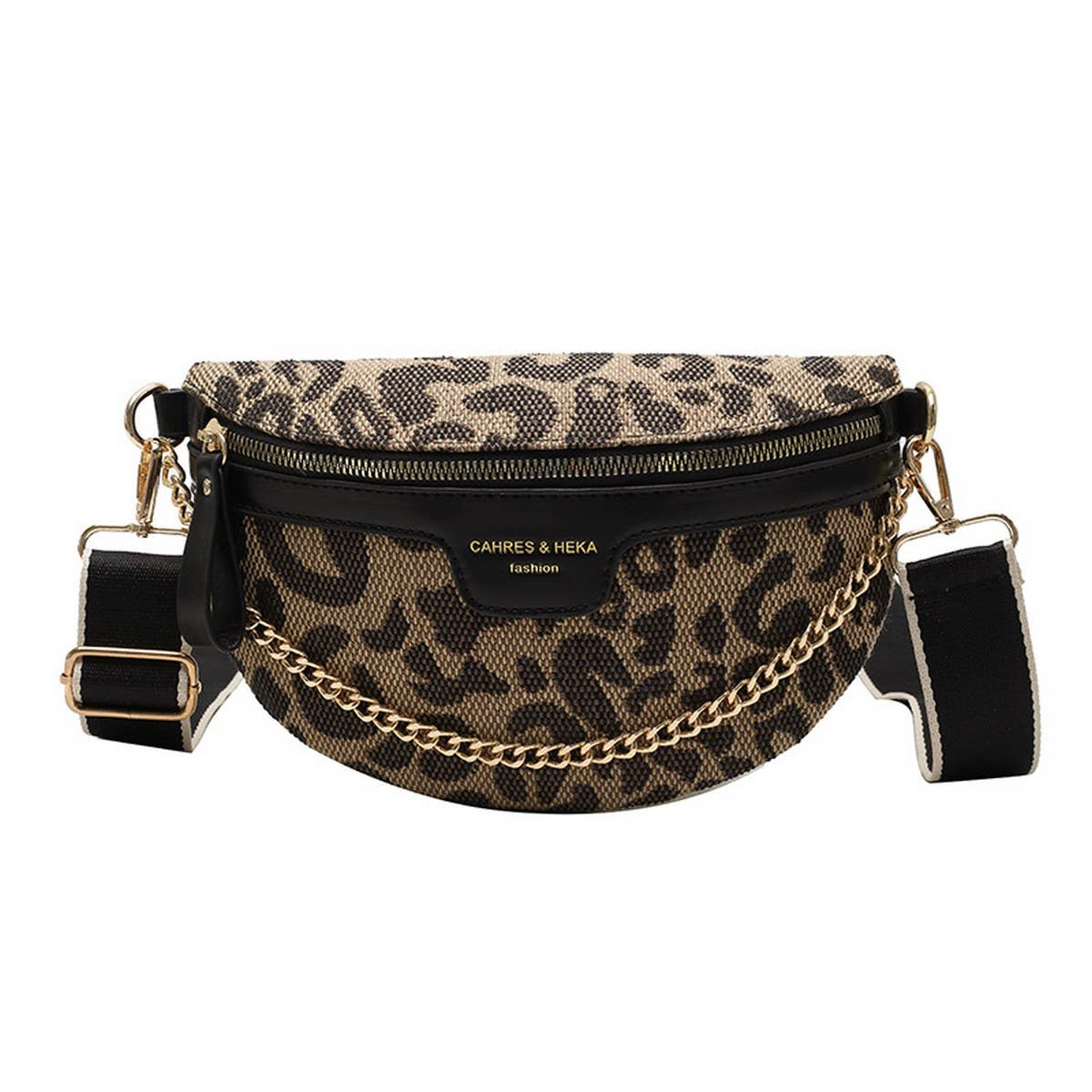 LEOPARD PRINT BLACK CHAIN STRAP FANNY BELT BAG_CWAB0923