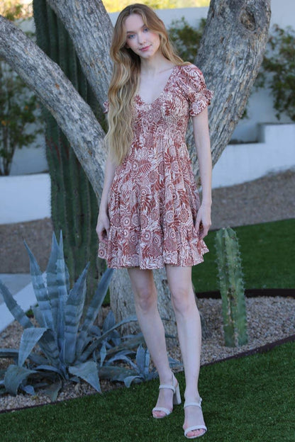 V NECK SMOCKED BODICE DRESS - Southern Sassy Boutique