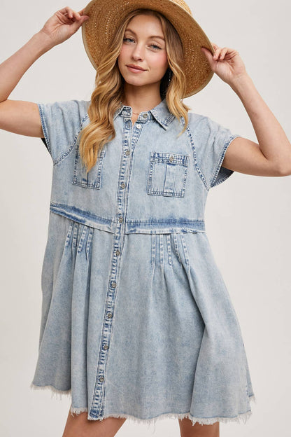DENIM BUTTON DOWN SHIRT MINI DRESS