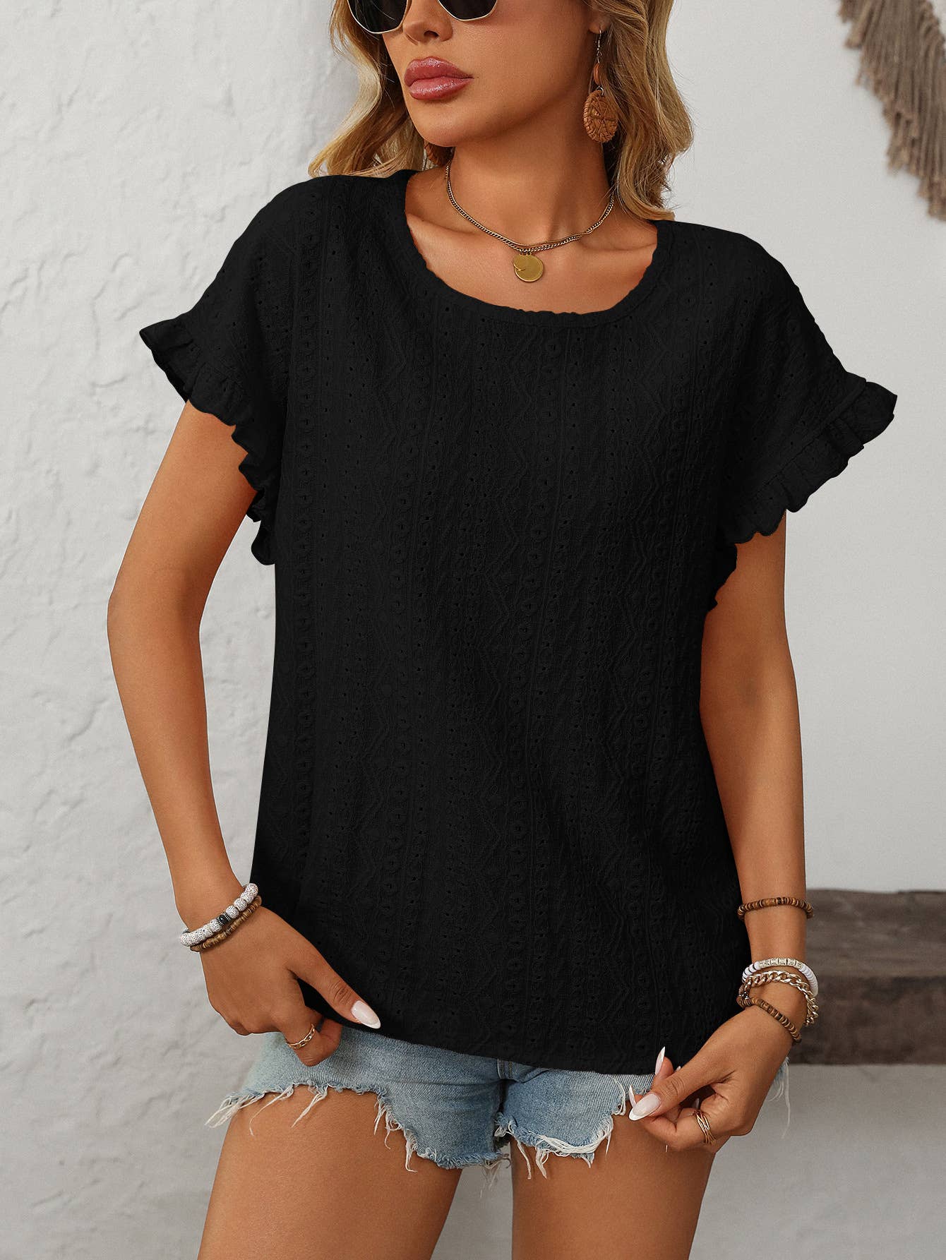 Eyelet Ruffle Short Sleeve Top