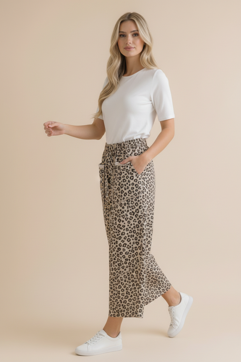 Curvy Leopard French Terry Wide Leg Pocket Pants