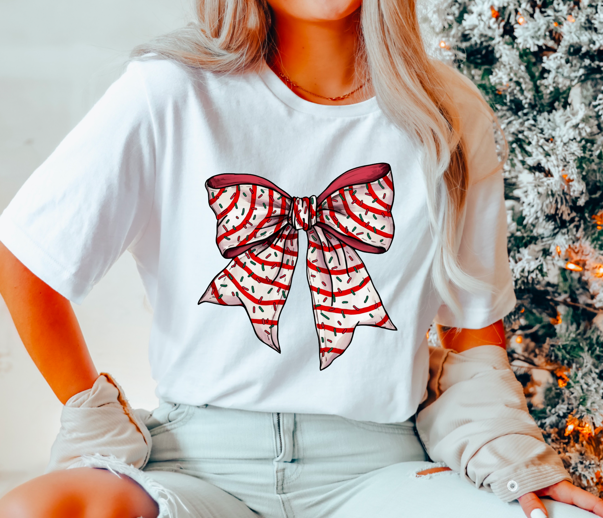 Christmas Tree Cake Coquette Bow Graphic Tee - Southern Sassy Boutique