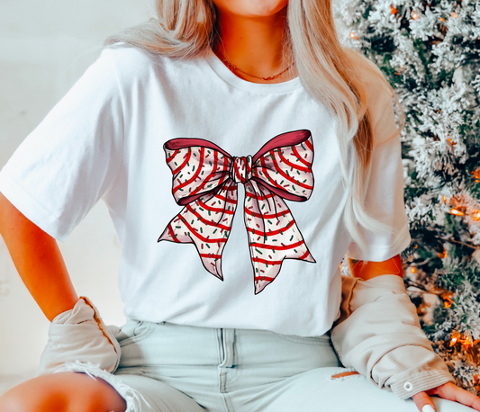 Christmas Tree Cake Coquette Bow Graphic Tee - Southern Sassy Boutique