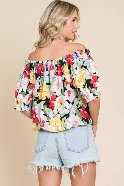 Curvy Of Shoulder Floral Top with Puff Sleeves