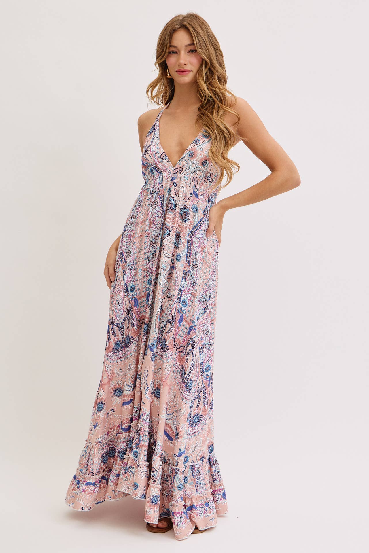 Bohemian Floral Print Halter Maxi Dress