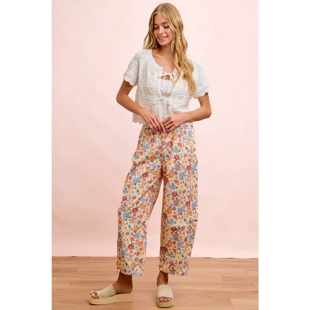Washed Floral Printed Twill Barrel Pants
