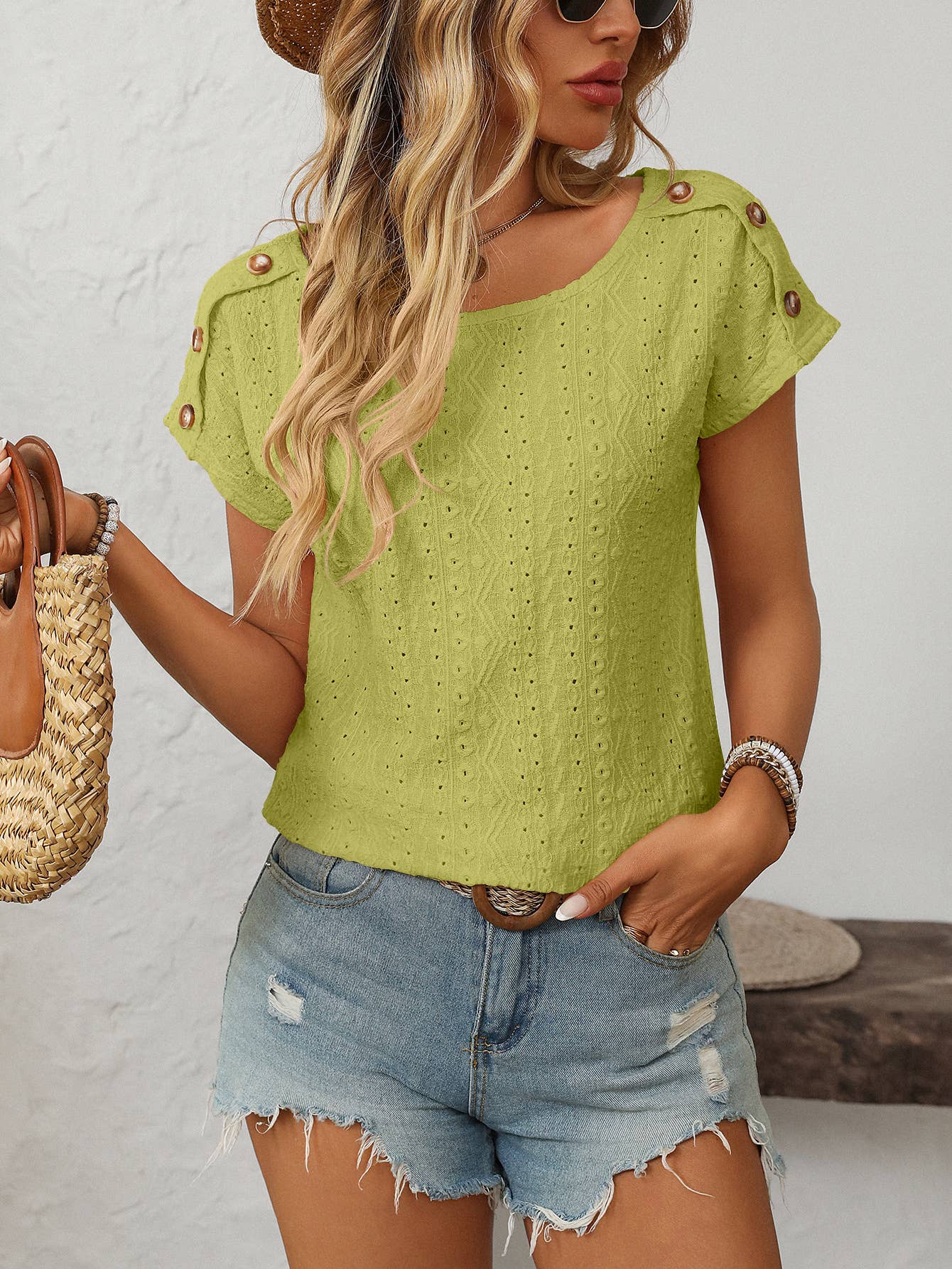 Eyelet Button Detail Short SleeveTop