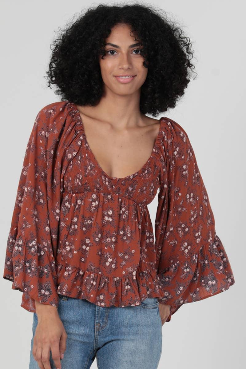 V NECK SMOCKED BUST WIDE BELL FLARE SLEEVES - Southern Sassy Boutique