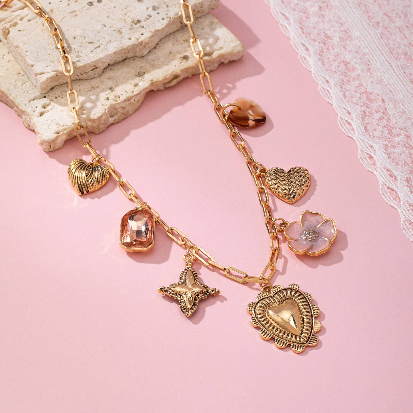 Heart and Flower Charm Necklace