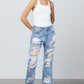 High Rise Heavy Destroyed Frayed Hem Straight Jeans